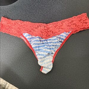 Hanky Panky Red Lace and Blue Striped Thong pre loved